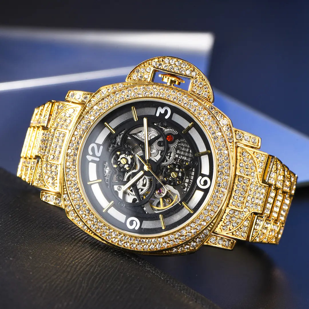 Men's Full Diamond Luminous Hollow Out Bottom Mechanical Watch
