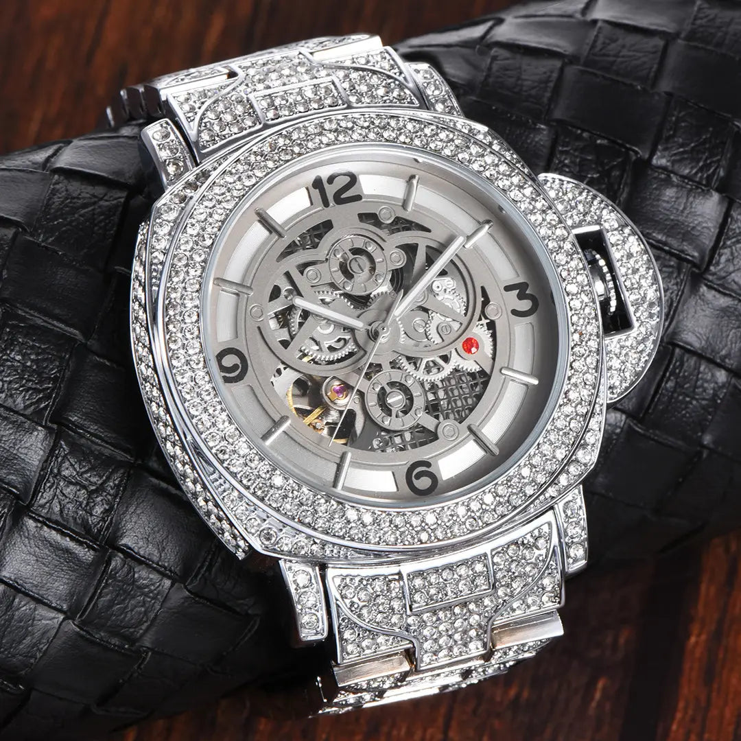 Men's Full Diamond Luminous Hollow Out Bottom Mechanical Watch