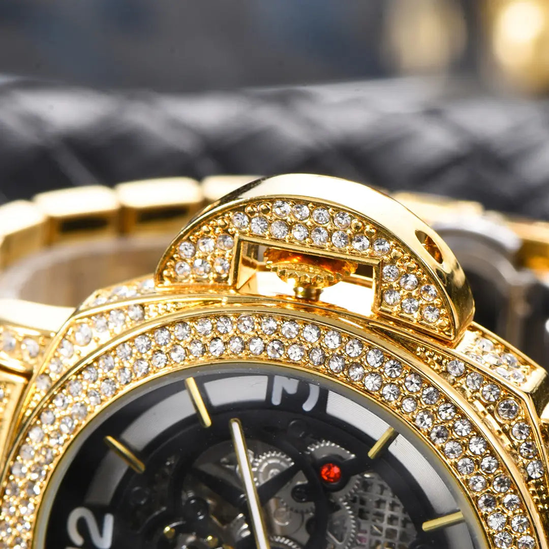 Men's Full Diamond Luminous Hollow Out Bottom Mechanical Watch