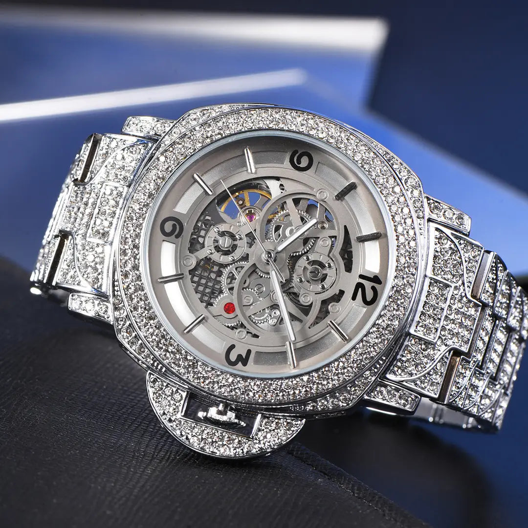 Men's Full Diamond Luminous Hollow Out Bottom Mechanical Watch