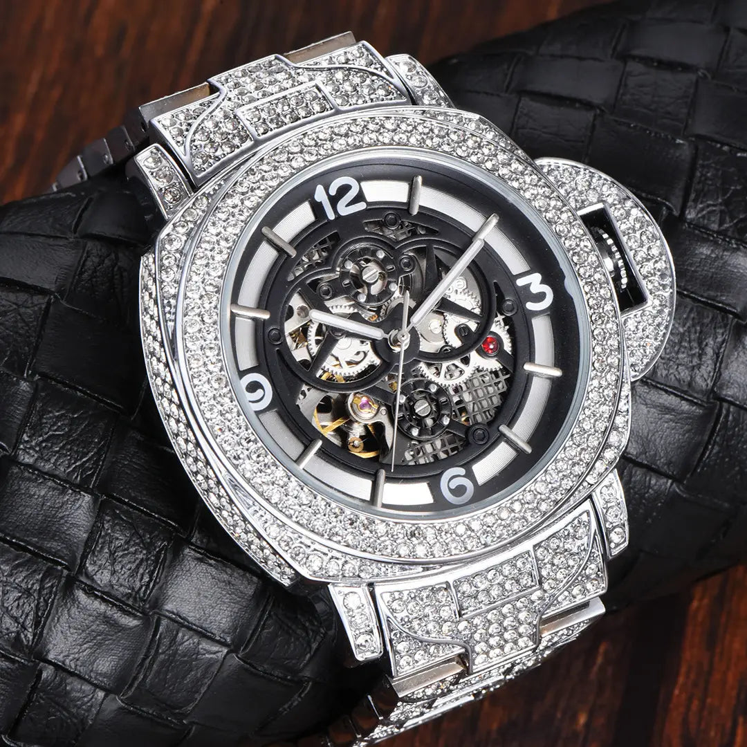 Men's Full Diamond Luminous Hollow Out Bottom Mechanical Watch