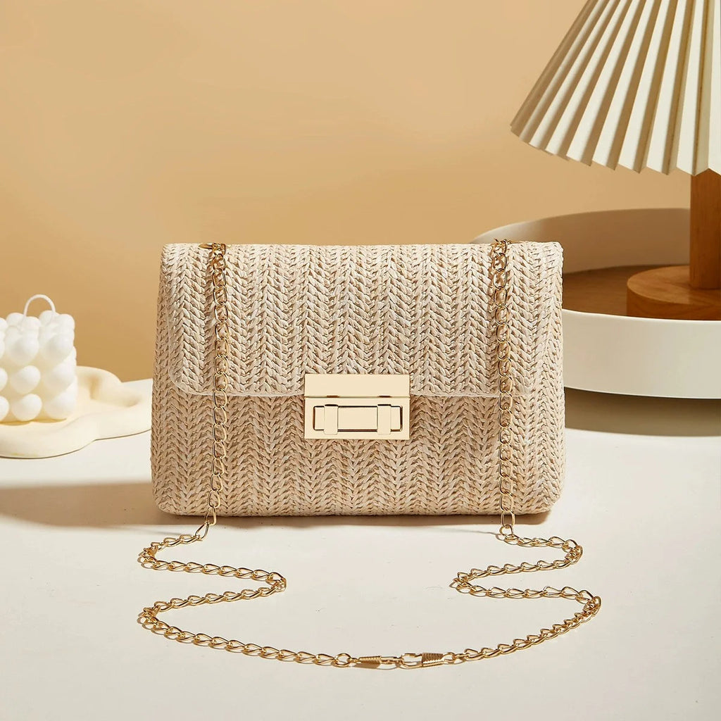 Woven Straw Handwoven Women's Shoulder Bag, Fashion Solid Color Crossbody Purse with Lock Closure