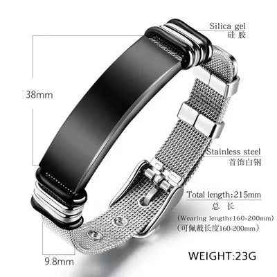 Custom Stainless Steel Bracelet Simple Casual Leather Woven Bracelet Engraved Titanium Leather Bracelet for Men Stainless Steel
