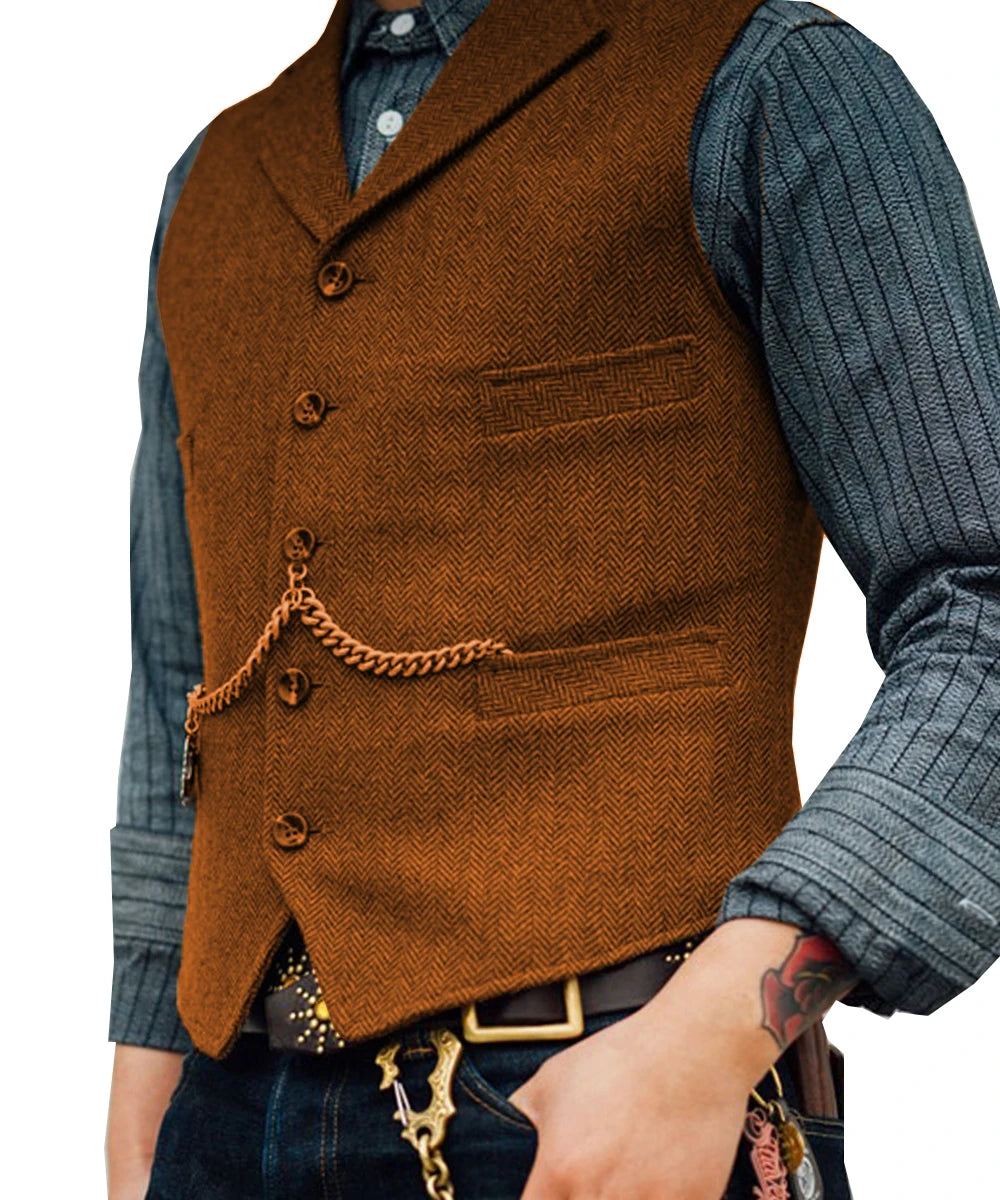 R&z -  Vest Lapel V Neck Wool Herringbone Casual Brown Waistcoat Casual Formal