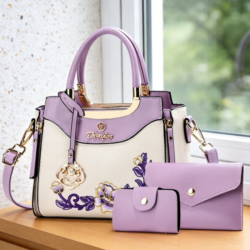 3-piece set of high-quality embroidered handbags, suitable for daily outings, dates and work. Fashionable versatile color-blocki