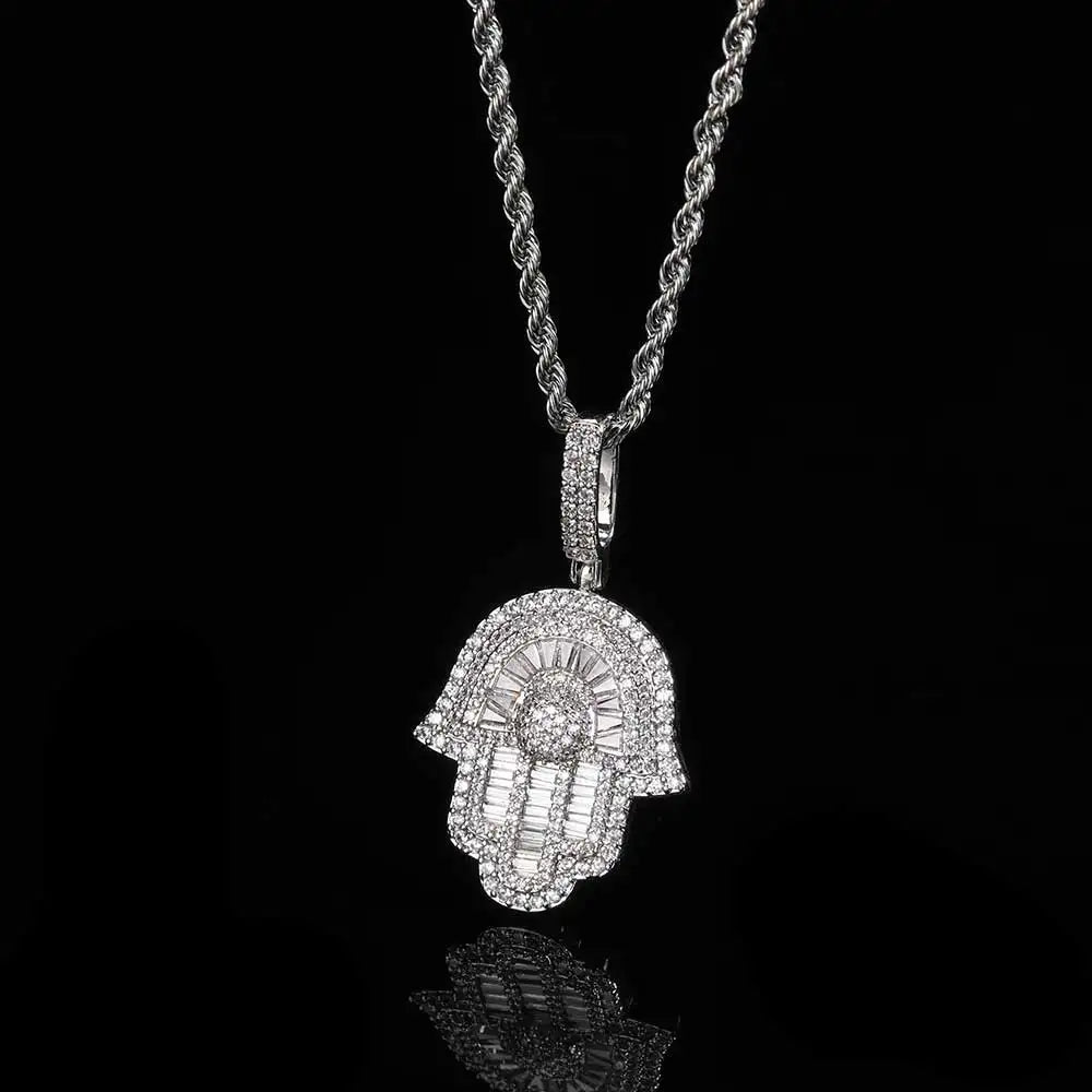 Hip Hop Jewelry Micro Iced Out Baguette CZ Hamsa Hand Pendant with 24" Tennis/Rope Chain Necklaces for Men Women