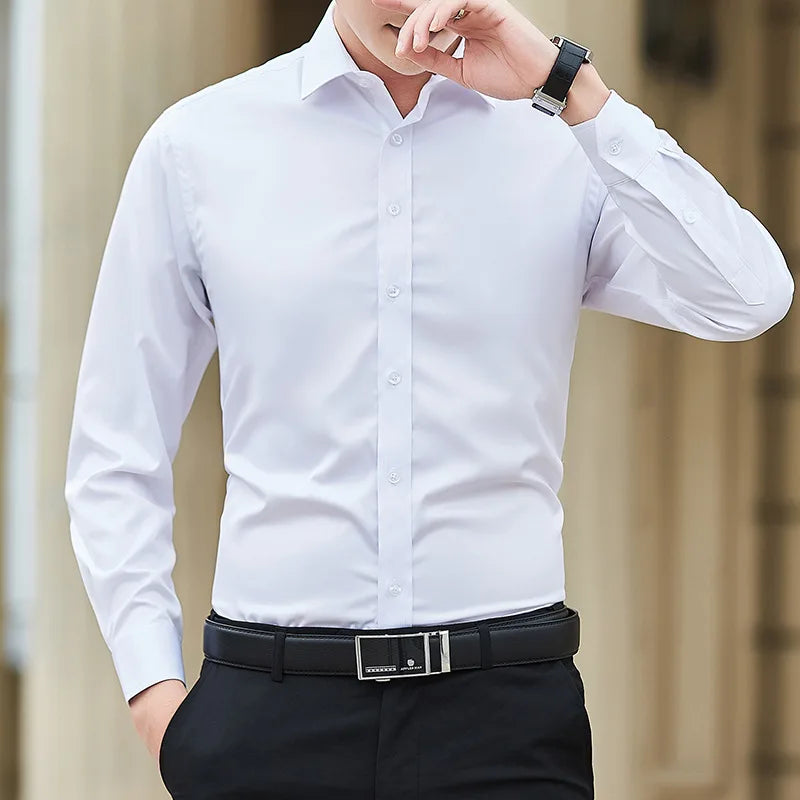 R&z - New Plus Size Men Solid Color Business Shirt Fashion Classic Basic Casual Slim White Long Sleeve Shirt Brand Clothes