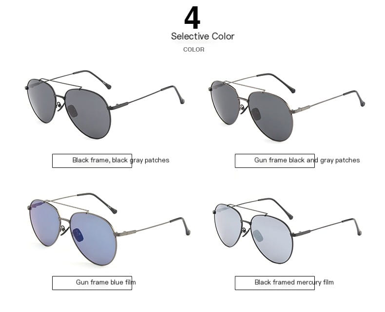 Four aviator sunglasses combinations with black or gunmetal frames and gray, blue or mirrored lenses