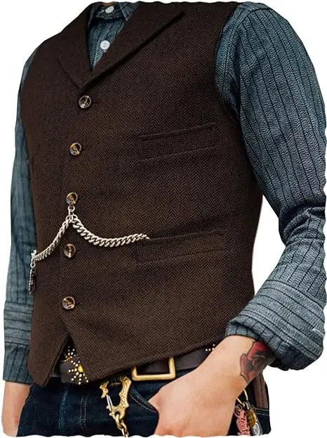 R&z - Vest Lapel V Neck Herringbone Casual Business Vest Waistcoat Groomman For Wedding Tweed Business Waistcoat