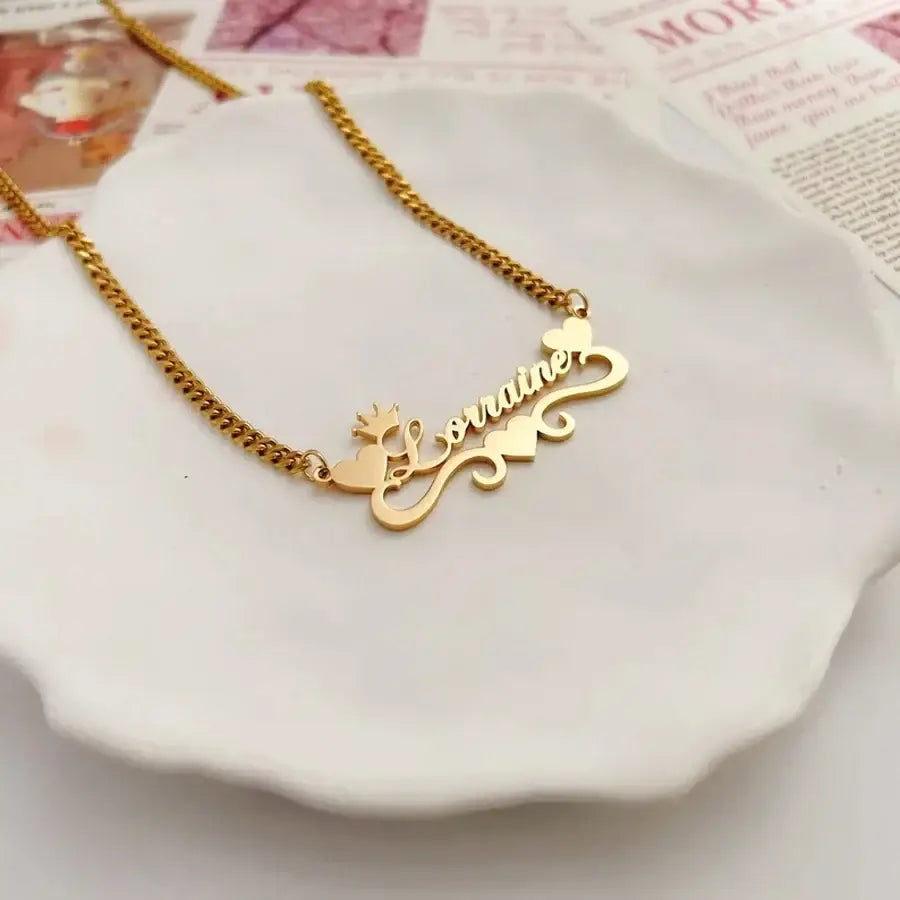 Acheerup Personalized Name 4mm Cuban Chain Necklace 50mm Hoop Earrings for Women Stainless Steel Heart Crown Choker