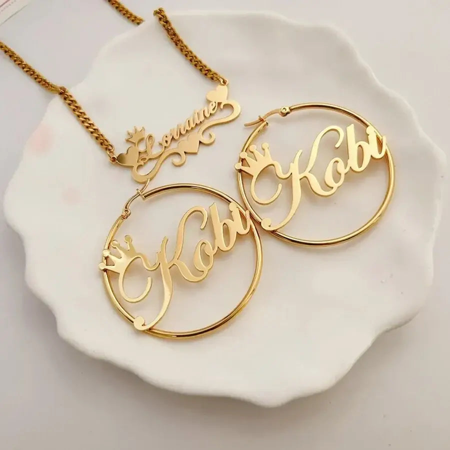 Acheerup Personalized Name 4mm Cuban Chain Necklace 50mm Hoop Earrings for Women Stainless Steel Heart Crown Choker