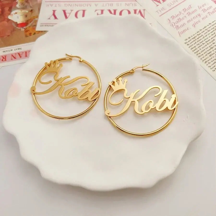 Acheerup Personalized Name 4mm Cuban Chain Necklace 50mm Hoop Earrings for Women Stainless Steel Heart Crown Choker