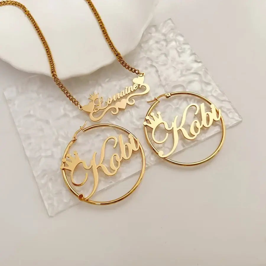 Acheerup Personalized Name 4mm Cuban Chain Necklace 50mm Hoop Earrings for Women Stainless Steel Heart Crown Choker