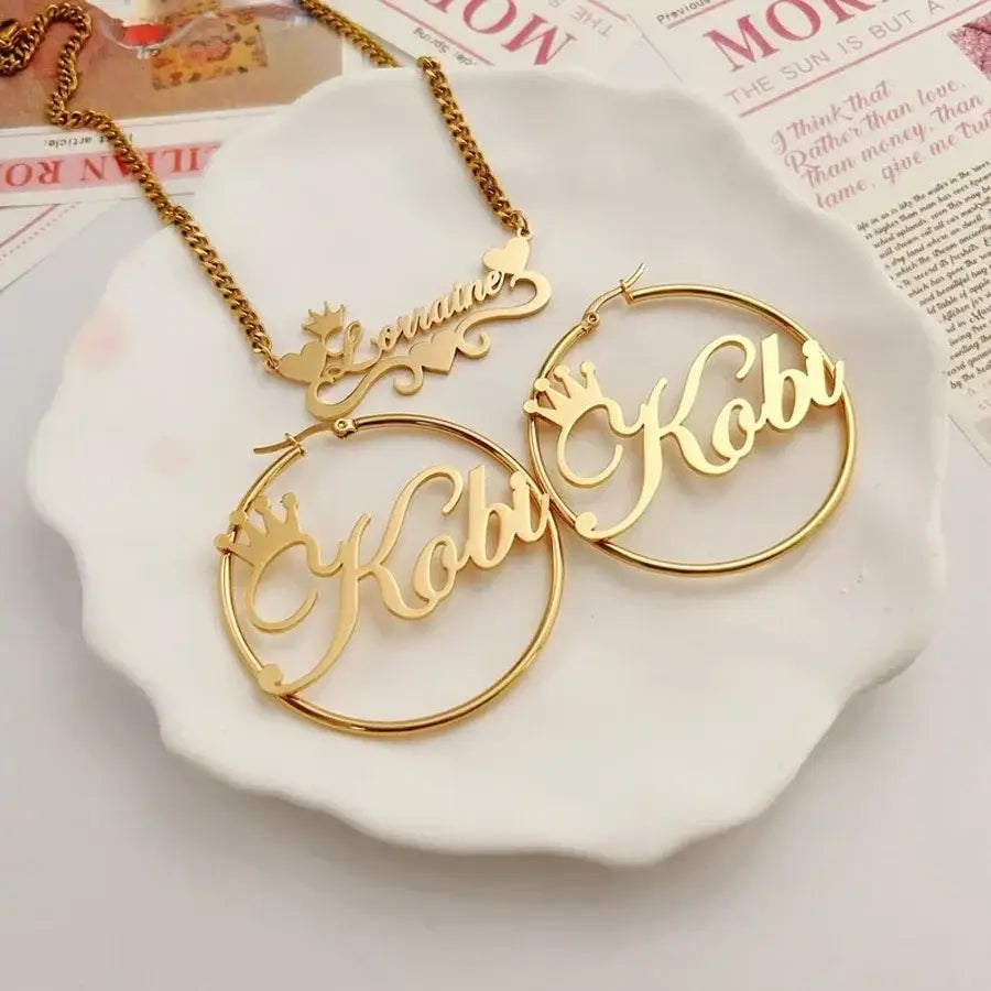 Acheerup Personalized Name 4mm Cuban Chain Necklace 50mm Hoop Earrings for Women Stainless Steel Heart Crown Choker