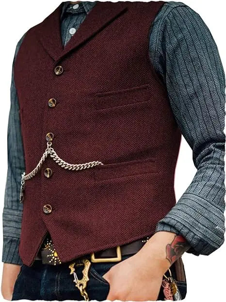 R&z - Vest Lapel V Neck Herringbone Casual Business Vest Waistcoat Groomman For Wedding Tweed Business Waistcoat