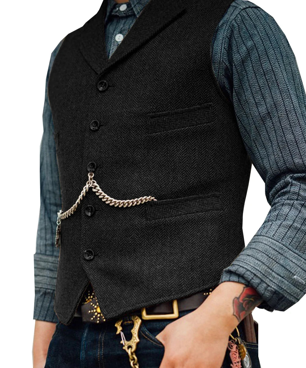 R&z -  Vest Lapel V Neck Wool Herringbone Casual Brown Waistcoat Casual Formal
