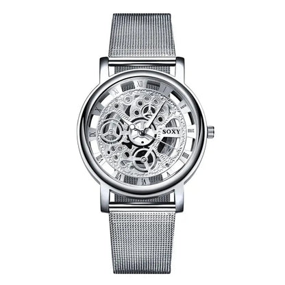 Silver stainless steel amazon explosion men’s hollow non-mechanical watch with mesh band and roman numeral markings