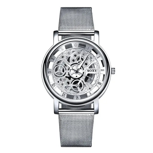 Silver stainless steel amazon explosion men’s hollow non-mechanical watch with mesh band and roman numeral markings