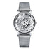 Silver skeleton amazon explosion watch with mesh band and roman numeral markings non-mechanical design