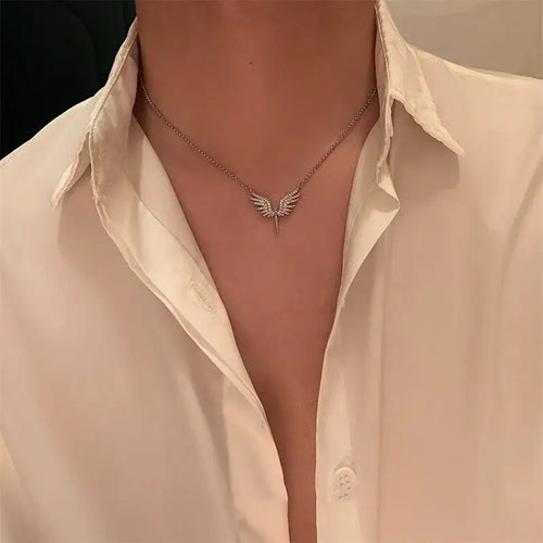 Angel Wings Pendant Necklace for Men Unisex Hip Hop Gothic Punk Clavicle Chain Trendy Classic Gold Silver Neck Jewelry