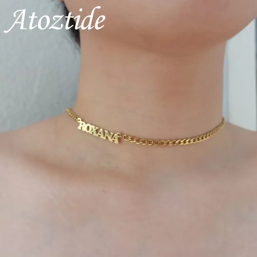 Atoztide Personalized Custom Sideways Name Necklace Stainless Steel for Women Choker Pendant Cuban Chain Birthday