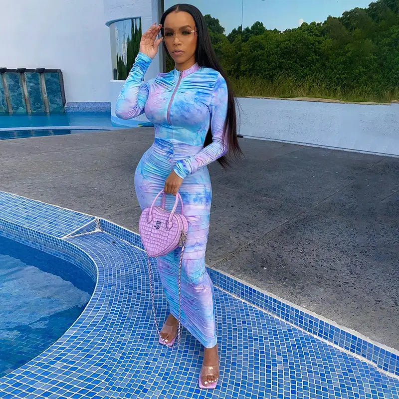 Autumn Digital Print Long Sleeve Bodycon Dress for Women - Blue / L