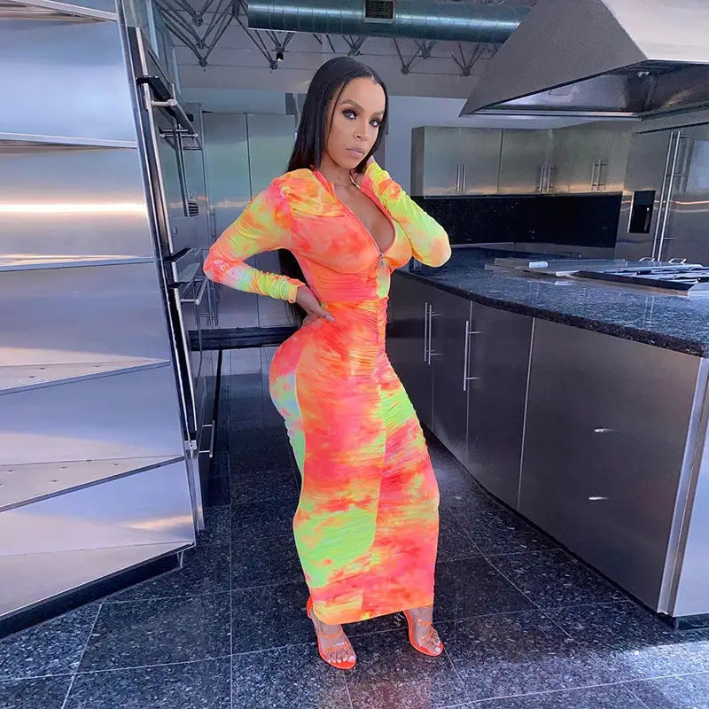 Autumn Digital Print Long Sleeve Bodycon Dress for Women - Orange / M