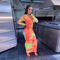 Autumn Digital Print Long Sleeve Bodycon Dress for Women - Orange / S