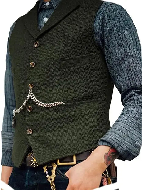 R&z - Vest Lapel V Neck Herringbone Casual Business Vest Waistcoat Groomman For Wedding Tweed Business Waistcoat