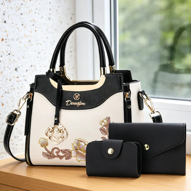 3-piece set of high-quality embroidered handbags, suitable for daily outings, dates and work. Fashionable versatile color-blocki