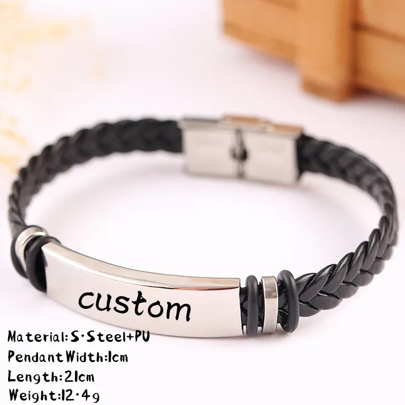 Custom Name Logo Any Text Engraved Leather Bangle & Bracelet Personalized Stainless Steel Bracelets For Women Men ID Bracelet