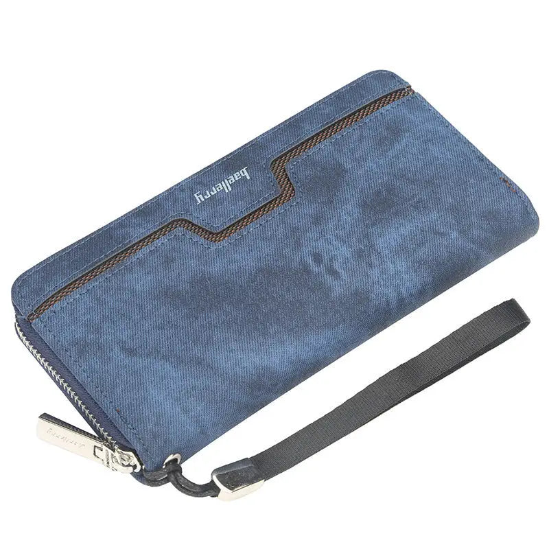 Baellerry Men’s Long Zipper PU Leather Wallet Handbag - Dark Blue