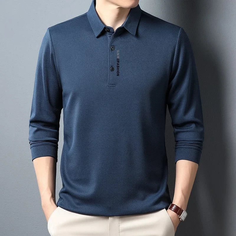 R&z - Men's Waffle Long Sleeved POLO Shirt with Letter Printed Lapel Casual Top