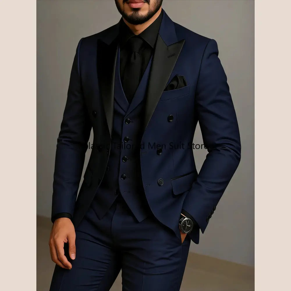 Beige Double Breasted Suit Black Lapel Slim Fit Wedding Suit - as photo12 / M - Executive Business Wear