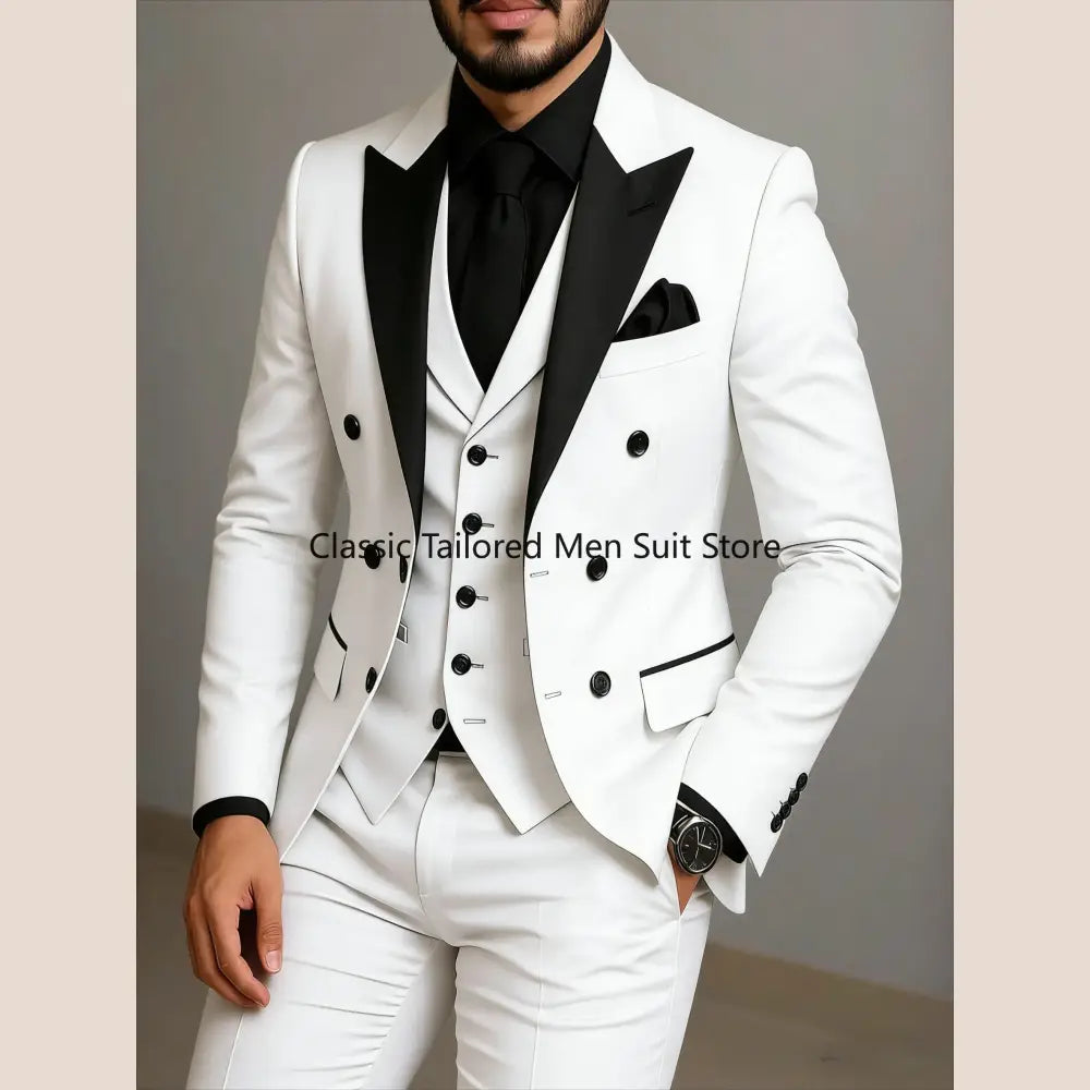 Beige Double Breasted Suit Black Lapel Slim Fit Wedding Suit - as photo13 / XXXL - Executive Business Wear