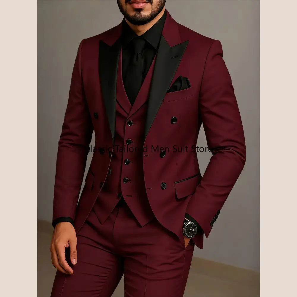 Beige Double Breasted Suit Black Lapel Slim Fit Wedding Suit - as photo15 / XL - Executive Business Wear