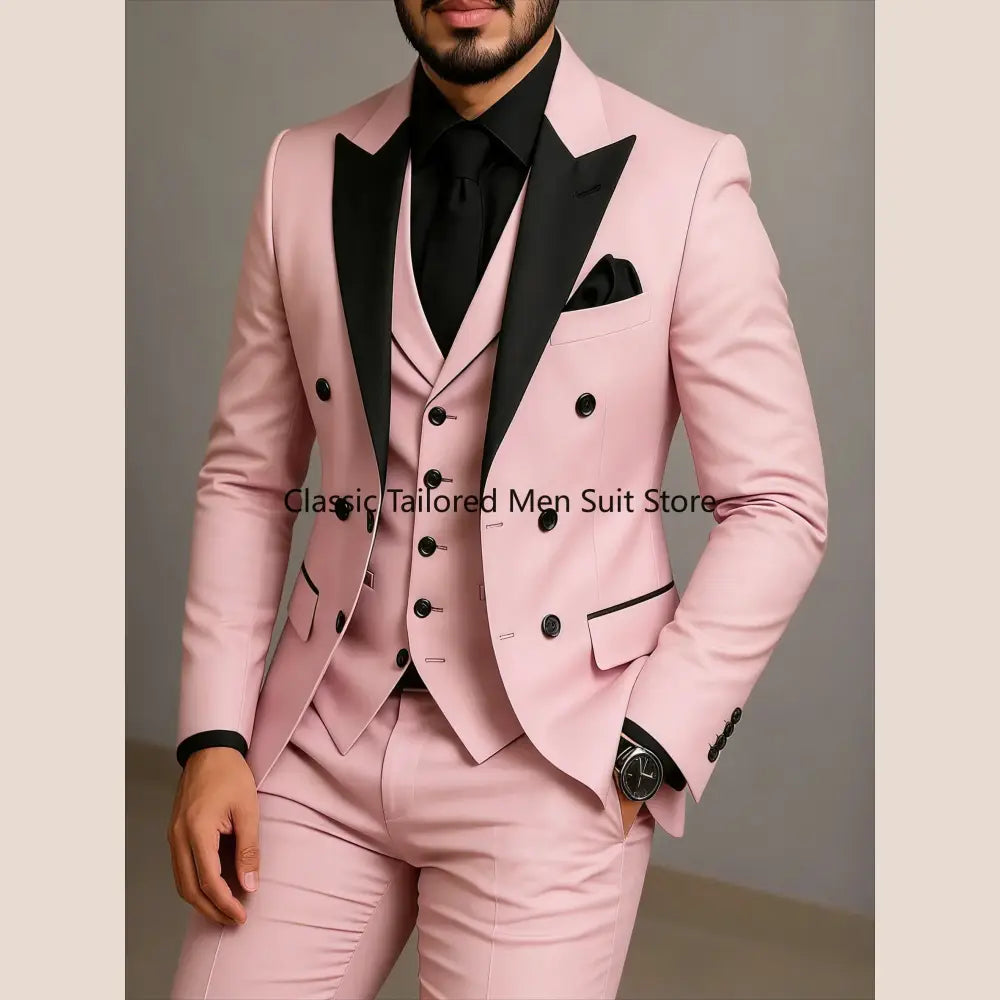 Beige Double Breasted Suit Black Lapel Slim Fit Wedding Suit - as photo6 / XL - Executive Business Wear