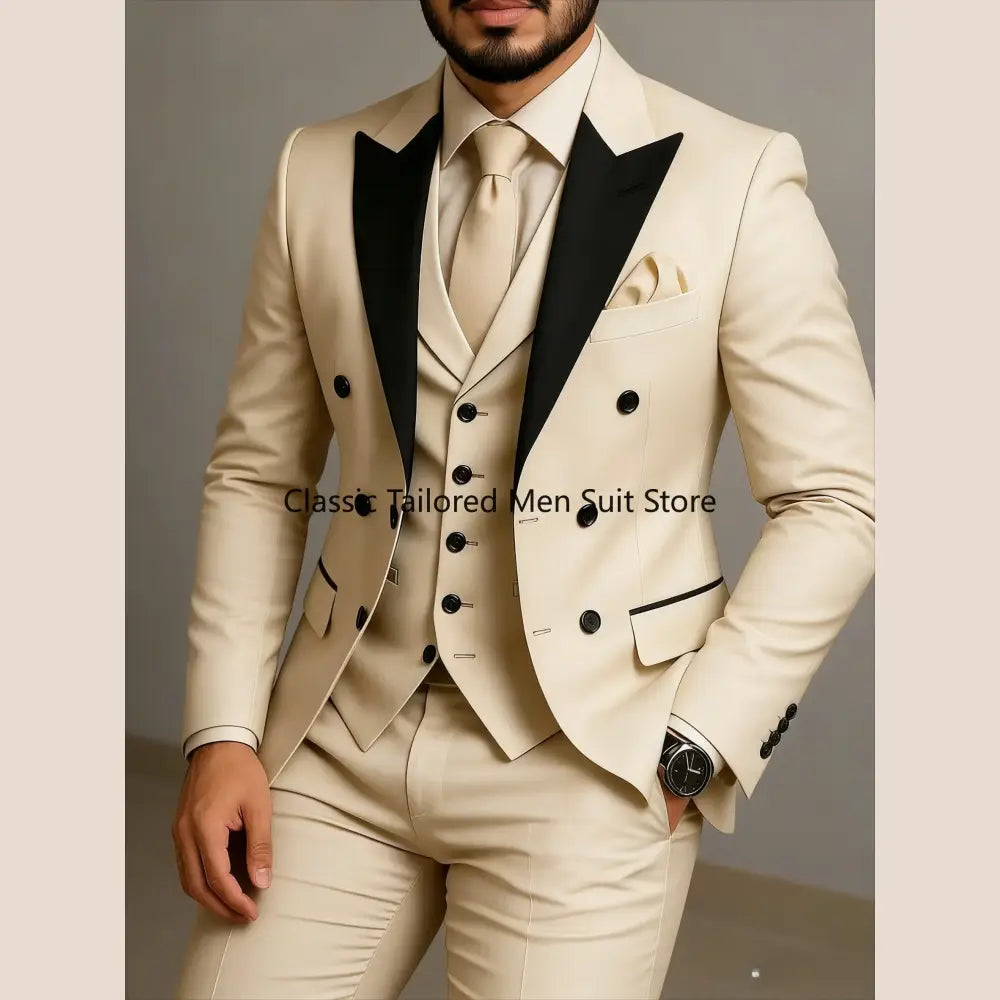 Beige Double Breasted Suit Black Lapel Slim Fit Wedding Suit - as photo7 / XS - Executive Business Wear