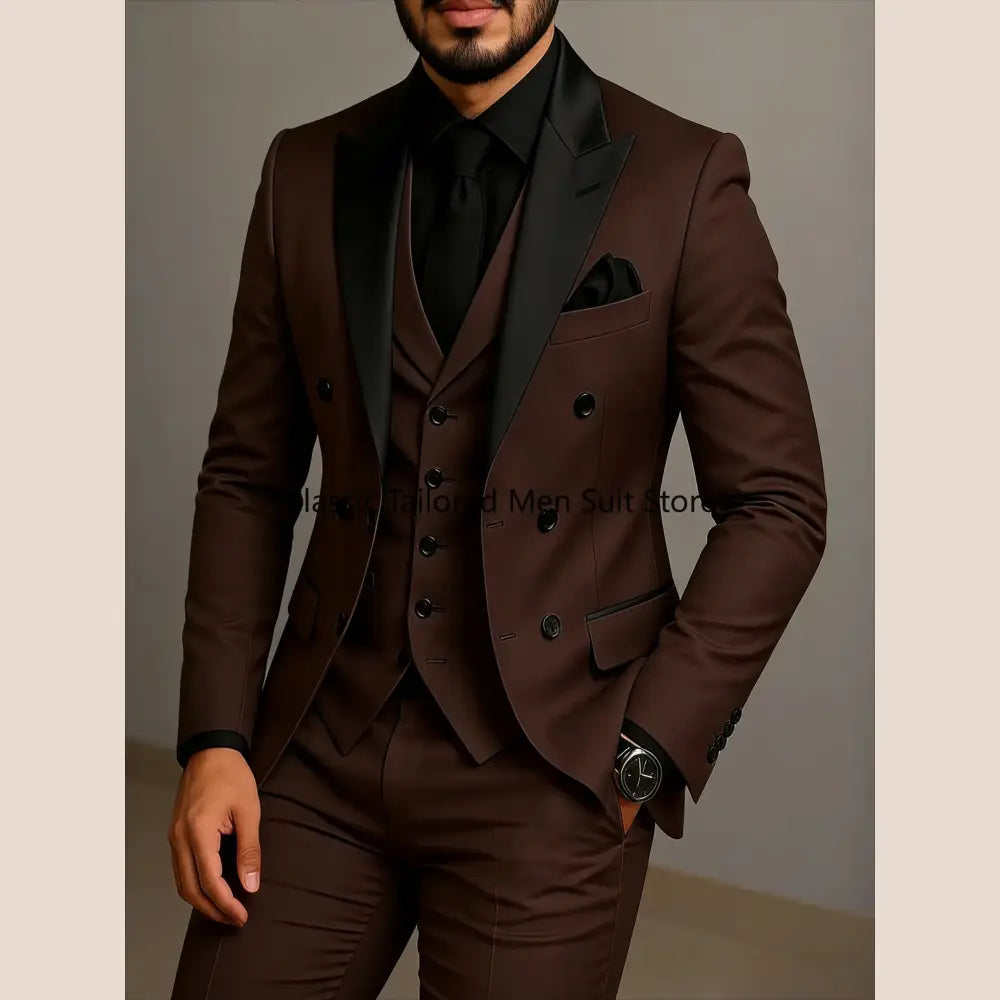 Beige Double Breasted Suit Black Lapel Slim Fit Wedding Suit - as photo8 / 5XL - Executive Business Wear