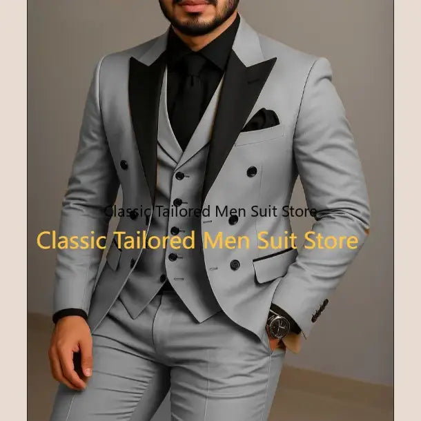 Beige Double Breasted Suit Black Lapel Slim Fit Wedding Suit - Executive Business Wear