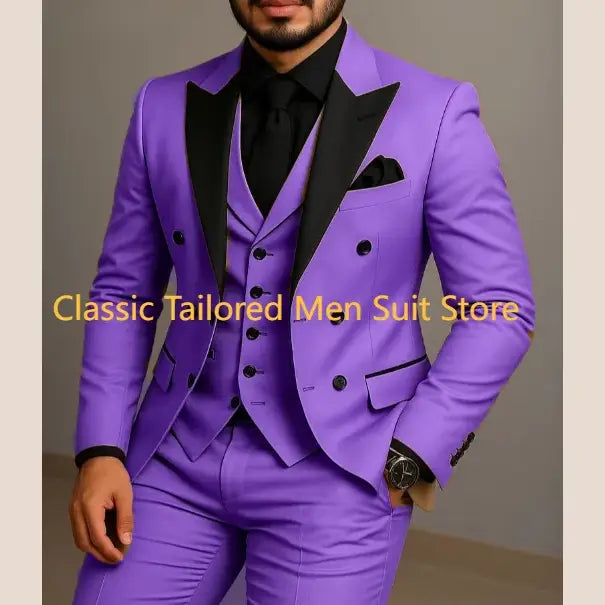 Beige Double Breasted Suit Black Lapel Slim Fit Wedding Suit - Executive Business Wear