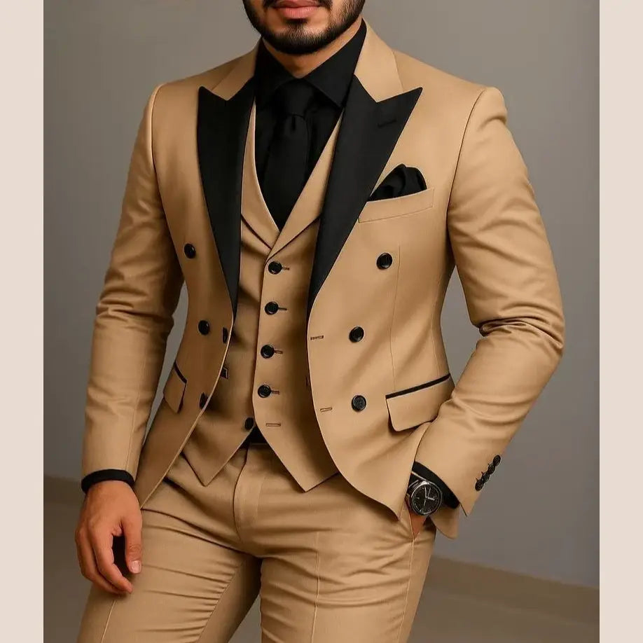 Beige Double Breasted Suit Black Lapel Slim Fit Wedding Suit - Executive Business Wear