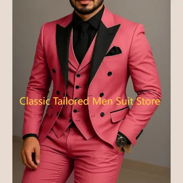 Beige Double Breasted Suit Black Lapel Slim Fit Wedding Suit - Executive Business Wear