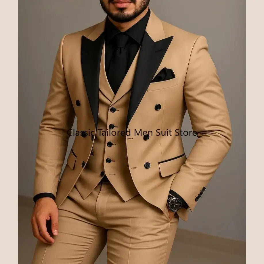 Beige Double Breasted Suit Black Lapel Slim Fit Wedding Suit - Executive Business Wear