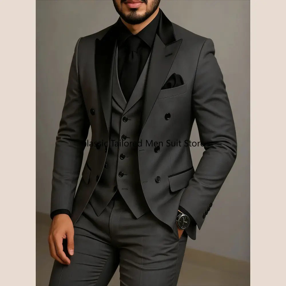Beige Double Breasted Suit Black Lapel Slim Fit Wedding Suit - Executive Business Wear