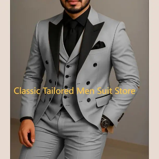 Beige Double Breasted Suit Black Lapel Slim Fit Wedding Suit - Executive Business Wear