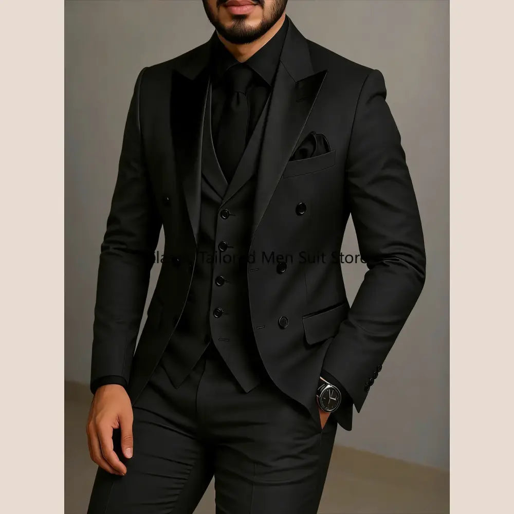 Beige Double Breasted Suit Black Lapel Slim Fit Wedding Suit - Executive Business Wear