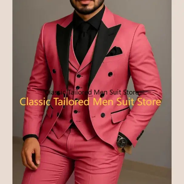 Beige Double Breasted Suit Black Lapel Slim Fit Wedding Suit - Executive Business Wear