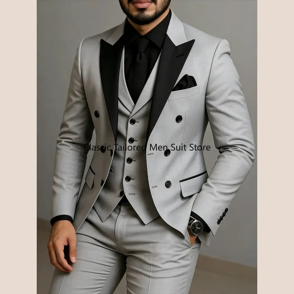 Beige Double Breasted Suit Black Lapel Slim Fit Wedding Suit - Executive Business Wear