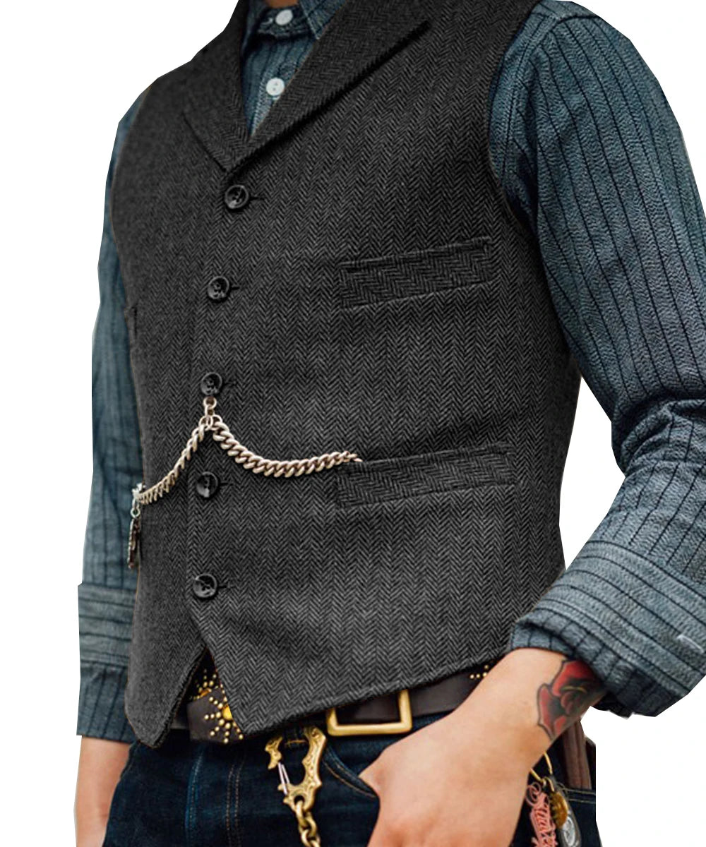 R&z -  Vest Lapel V Neck Wool Herringbone Casual Brown Waistcoat Casual Formal